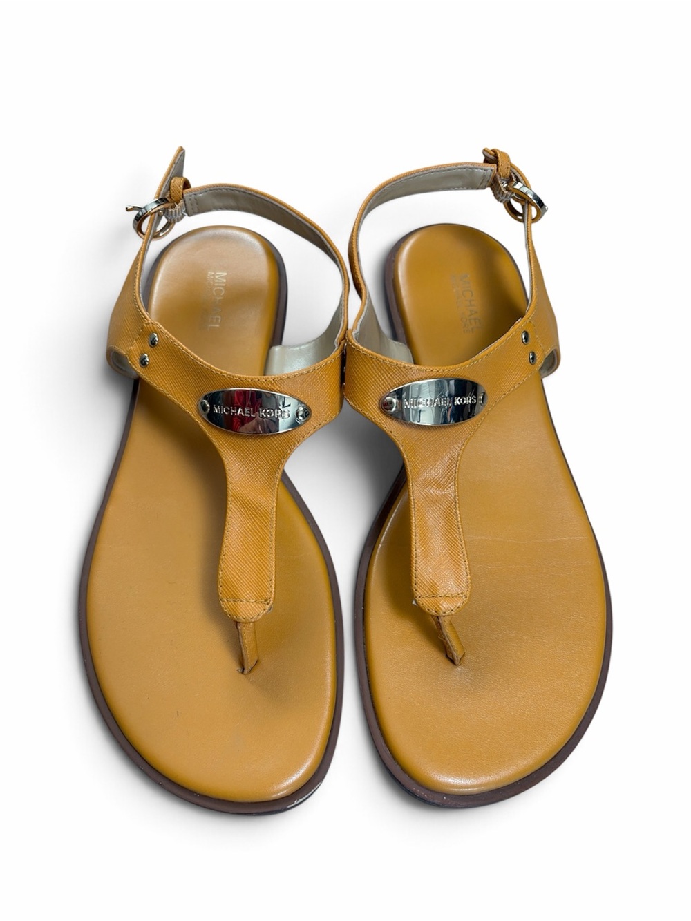 Michael Kors Mustard Yellow T-Strap Thong Sandals Silver Logo Women’s 9M